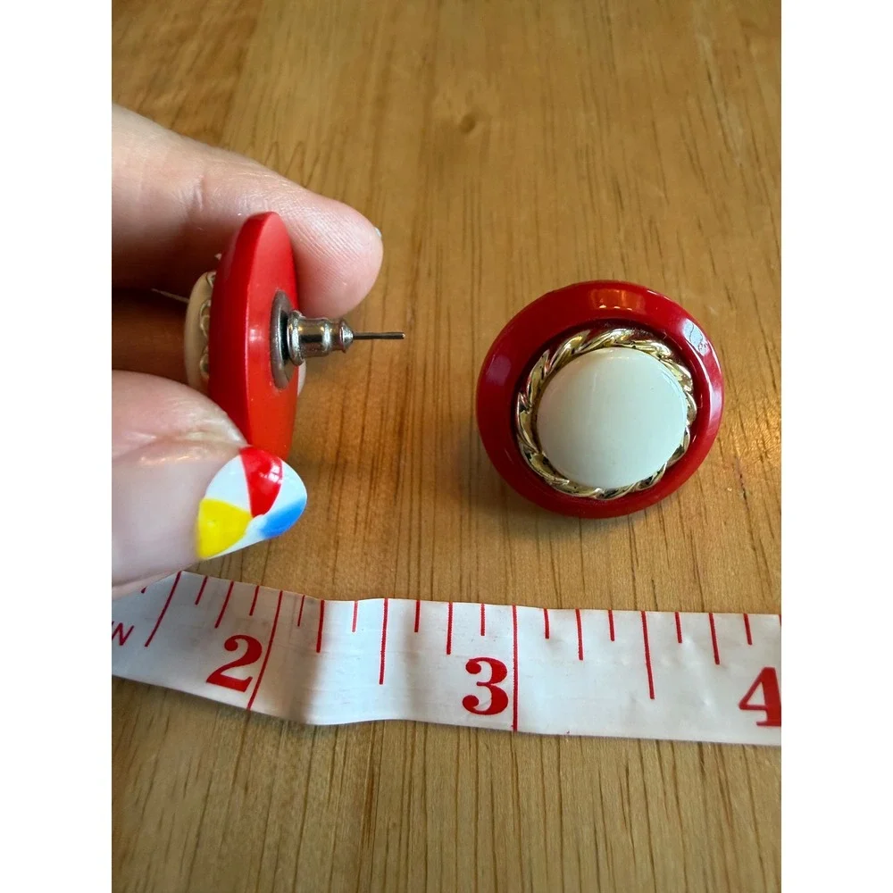 Vintage Red White Gold Tone Rope Border Button Post Earrings Oversized Studs